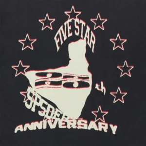 Close up of the Sp5der Anniversary Tee featuring a navy fabric base with Five Star graphic and 25th anniversary text.