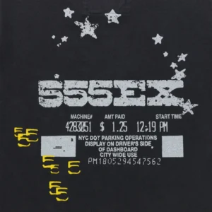 Close-up view of the graphic print on the navy Sp5der Anniversary Tee featuring a parking receipt style design.