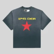 Front view of the black washed Sp5der FIVE POINT Tee featuring bold yellow SP5DER logo text and a red star graphic.