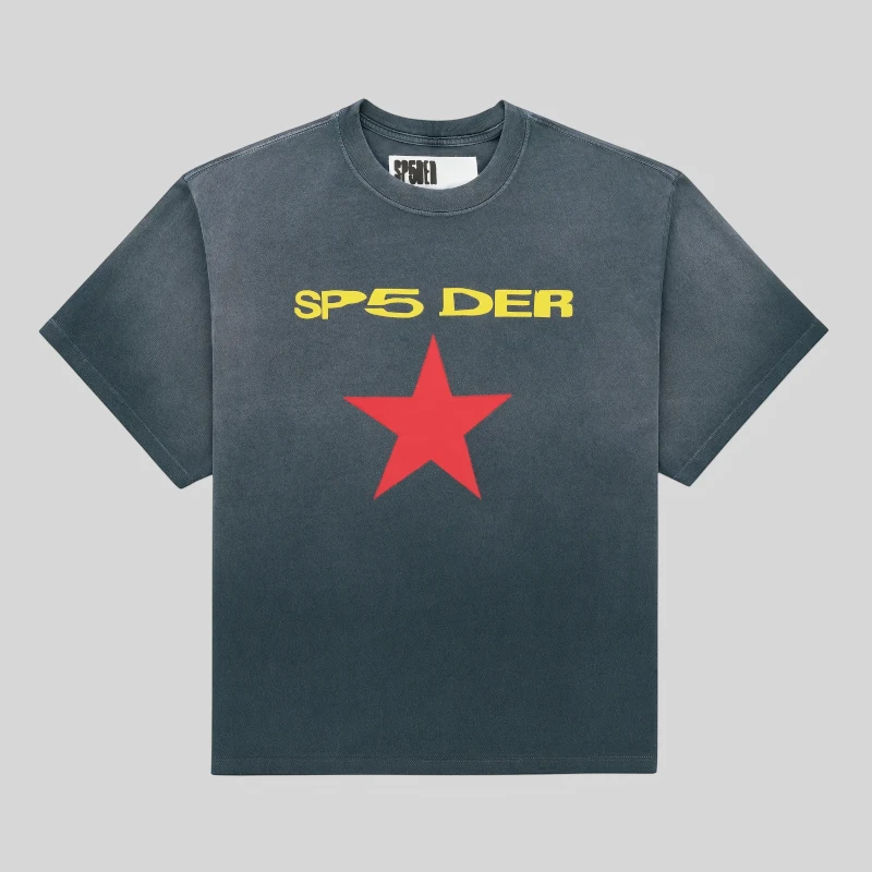 Front view of the black washed Sp5der FIVE POINT Tee featuring bold yellow SP5DER logo text and a red star graphic.