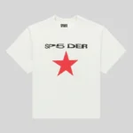 Front view of the white Sp5der Five Point Tee featuring a bold black logo and striking red star graphic design.