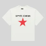 Front view of the white Sp5der Five Point Tee featuring a bold black logo and striking red star graphic design.