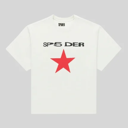 Front view of the white Sp5der Five Point Tee featuring a bold black logo and striking red star graphic design.