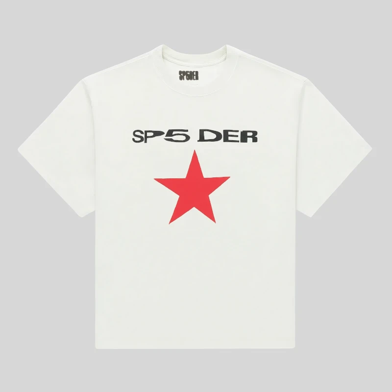 Front view of the white Sp5der Five Point Tee featuring a bold black logo and striking red star graphic design.