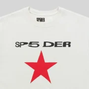 Close-up view of the white Sp5der Five Point tee featuring the iconic black SP5DER text and red star graphic print.