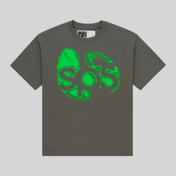 Dark gray Sp5der Fingerprint Tee featuring a vibrant green abstract graphic print on the front of the premium cotton shirt.
