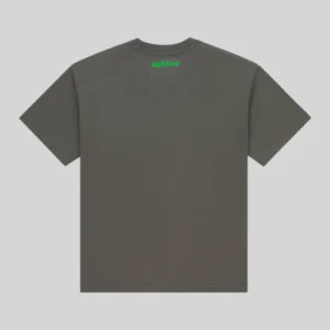 Back view of the dark gray Sp5der Fingerprint Tee featuring a small green logo print on the upper back neckline.