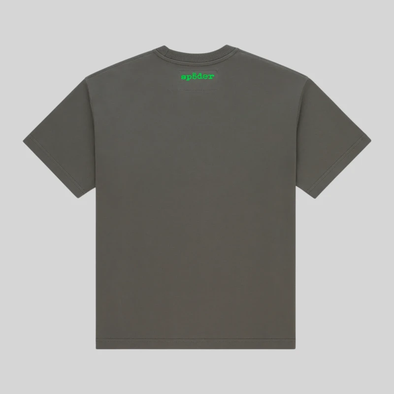 Back view of the dark gray Sp5der Fingerprint Tee featuring a small green logo print on the upper back neckline.
