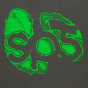 Close up of the Sp5der Fingerprint Tee featuring a vibrant green abstract fingerprint graphic on dark gray fabric.