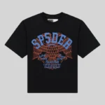 Front view of the black Sp5der Champions League graphic cotton tee with blue and red eagle print design.