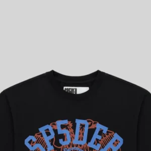 Close-up view of the black Sp5der Champions League graphic cotton t-shirt featuring the signature front logo print.