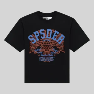 Front view of the black Sp5der Champions League graphic cotton tee with blue and red eagle print design.