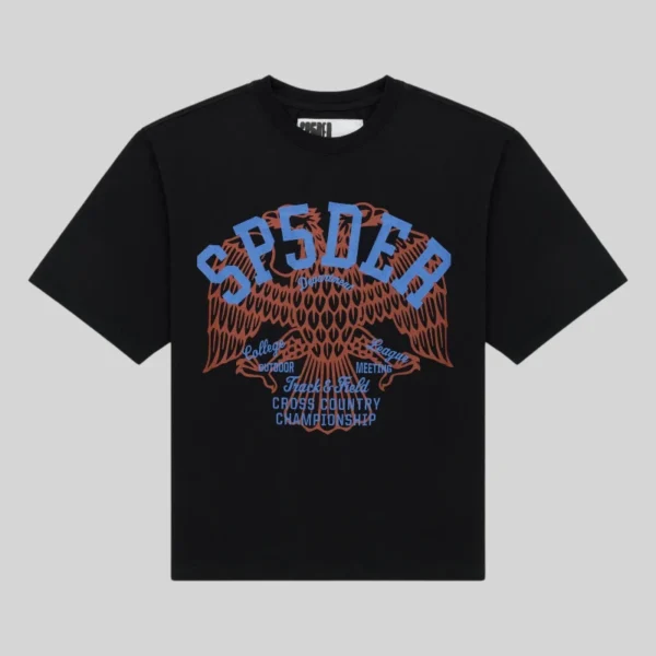 Front view of the black Sp5der Champions League graphic cotton tee with blue and red eagle print design.