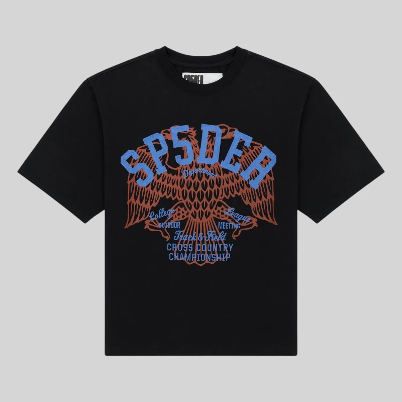 Front view of the black Sp5der Champions League graphic cotton tee with blue and red eagle print design.