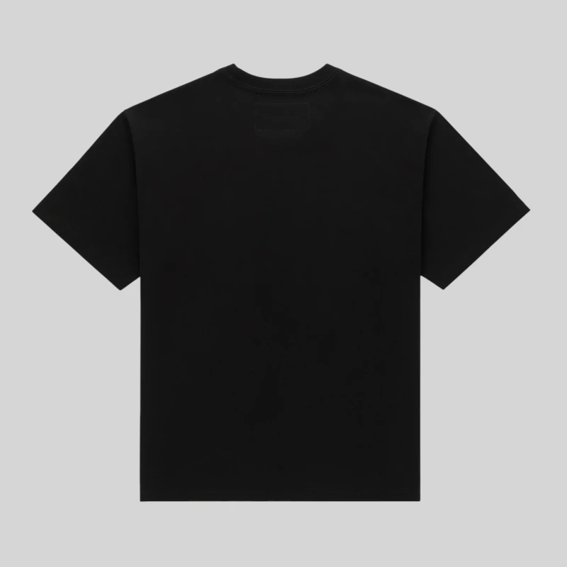 Back view of the black Sp5der Champions League streetwear cotton tee for men and women, standard fit design.