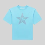 Sp5der Big 5 Star Rhinestone Tee in light blue featuring a premium dark gray crystal graphic on the front center