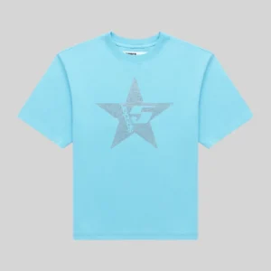 Sp5der Big 5 Star Rhinestone Tee in light blue featuring a premium dark gray crystal graphic on the front center