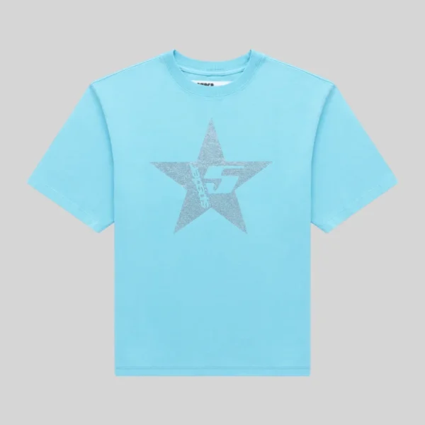 Sp5der Big 5 Star Rhinestone Tee in light blue featuring a premium dark gray crystal graphic on the front center