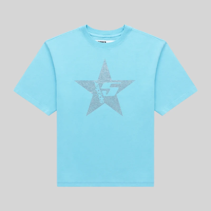 Sp5der Big 5 Star Rhinestone Tee in light blue featuring a premium dark gray crystal graphic on the front center