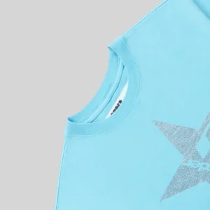 Close up of the light blue Sp5der Big 5 Star rhinestone tee featuring a detailed graphic print on the front.
