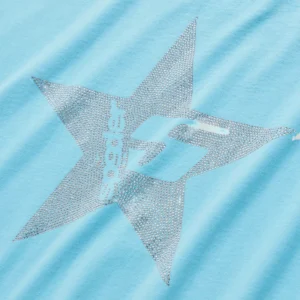 Close up of the Sp5der Big 5 Star Rhinestone Tee featuring a sparkling silver star graphic on light blue cotton fabric.