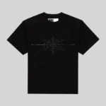 Sp5der Rhinestone Silk Tee in black featuring a detailed front graphic of a spider web made of sparkling rhinestones.