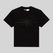 Sp5der Rhinestone Silk Tee in black featuring a detailed front graphic of a spider web made of sparkling rhinestones.