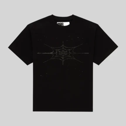 Sp5der Rhinestone Silk Tee in black featuring a detailed front graphic of a spider web made of sparkling rhinestones.