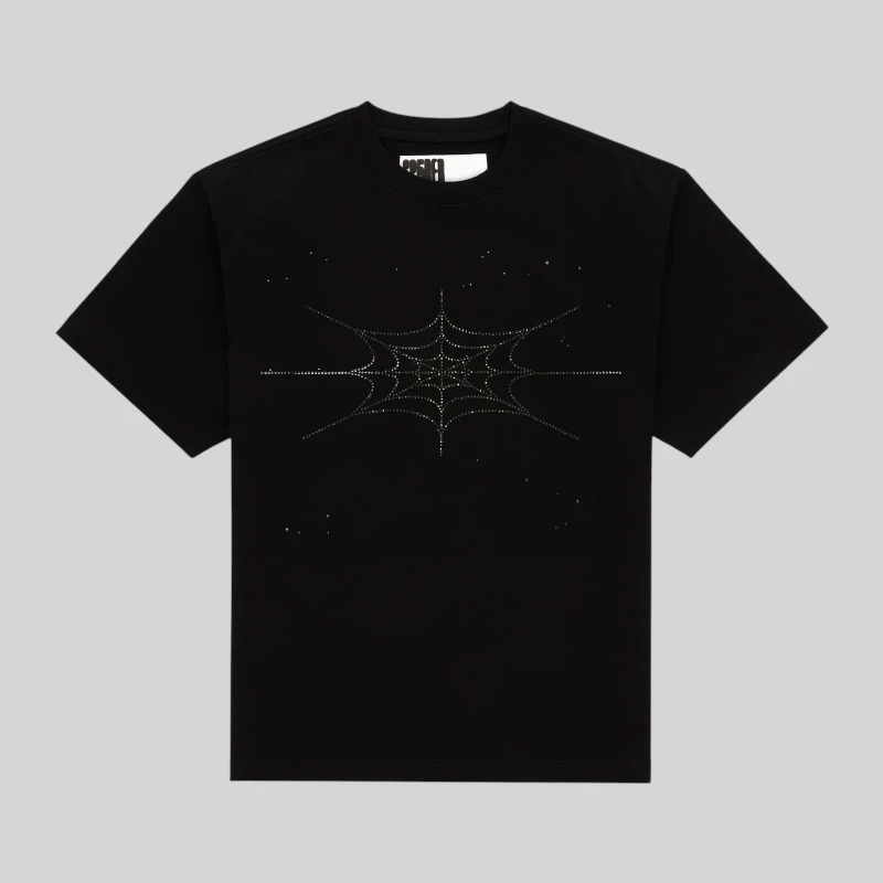 Sp5der Rhinestone Silk Tee in black featuring a detailed front graphic of a spider web made of sparkling rhinestones.