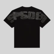 Back view of a black Sp5der Rhinestone Silk Tee featuring sparkling crystal branding lettering across the upper shoulders