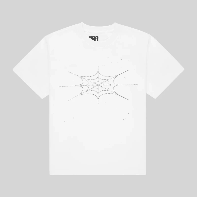 Front view of the Sp5der Rhinestone Silk Tee in white, featuring a signature rhinestone-embellished graphic design.