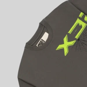 Close-up view of the Sp5der 5EX HW heavyweight tee featuring signature spider web graphic print on premium cotton fabric