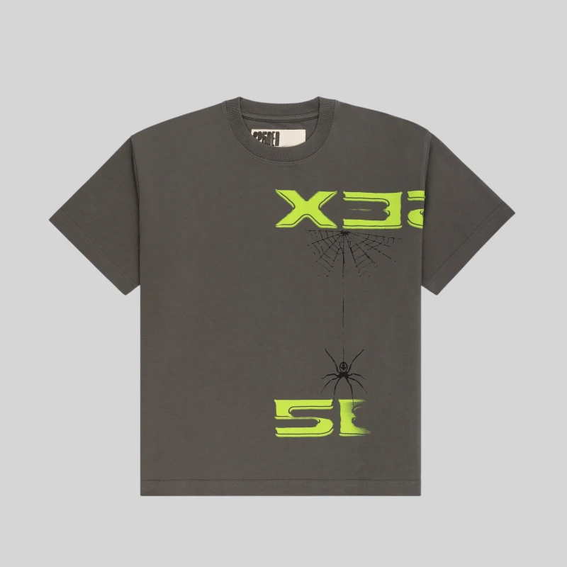 Grey Sp5der 5EX heavyweight graphic t-shirt with signature neon spider web branding on the front chest area.