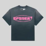 Front view of the black Sp5der Form 5 vintage wash tee featuring a bold pink logo graphic print on the chest.