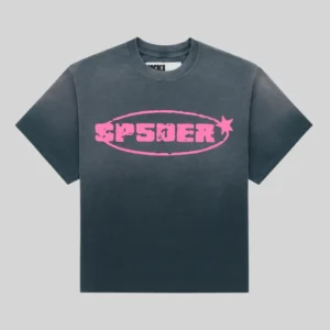 Front view of the black Sp5der Form 5 vintage wash tee featuring a bold pink logo graphic print on the chest.