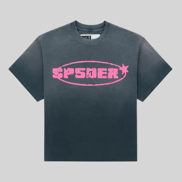 Front view of the black Sp5der Form 5 vintage wash tee featuring a bold pink logo graphic print on the chest.