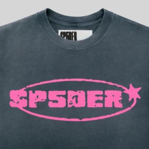 Close up view of the Sp5der Form 5 Tee in black featuring a vibrant pink SP5DER graphic print on the front chest.