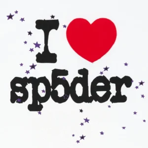 Close-up view of the I HEART Sp5der graphic print featuring black text, a red heart, and purple star accents on white cotton.