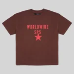 Brown Sp5der Oversized Worldwide SP5 tee featuring a bold red graphic print on the front for a streetwear style