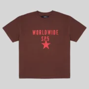 Brown Sp5der Oversized Worldwide SP5 tee featuring a bold red graphic print on the front for a streetwear style
