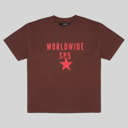 Brown Sp5der Oversized Worldwide SP5 tee featuring a bold red graphic print on the front for a streetwear style