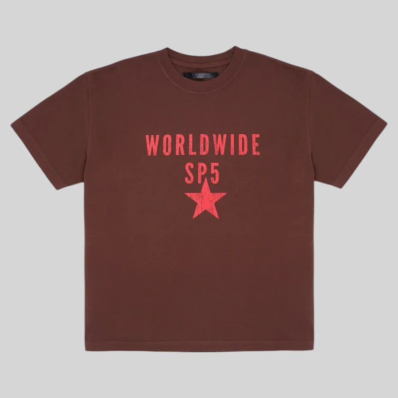 Brown Sp5der Oversized Worldwide SP5 tee featuring a bold red graphic print on the front for a streetwear style