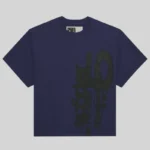 Front view of the dark blue Sp5der SP5 5Luminum graphic streetwear tee with a black spray-paint print on the front.