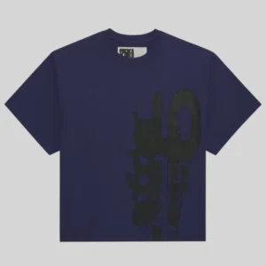 Front view of the dark blue Sp5der SP5 5Luminum graphic streetwear tee with a black spray-paint print on the front.