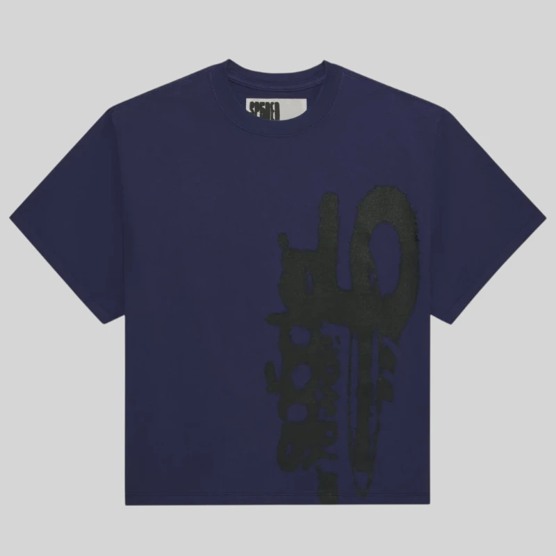 Front view of the dark blue Sp5der SP5 5Luminum graphic streetwear tee with a black spray-paint print on the front.