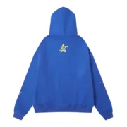 Back view of the blue Sp5der 555555 Young Thug hoodie featuring iconic star and number motif design.