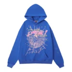 Front view of the blue Sp5der 555555 Young Thug hoodie featuring a pink spider web graphic and distressed aesthetic