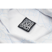 Close-up view of the interior neck brand label on a Heather Grey Sp5der AOP Web Hoodie with an iconic spiderweb print.