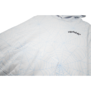 Close-up view of the Heather Grey Sp5der AOP Web Hoodie featuring the iconic all-over print web design and branding.