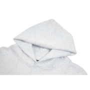 Close-up view of the hood on the Sp5der AOP Web Hoodie in Heather Grey featuring an all-over web print design.